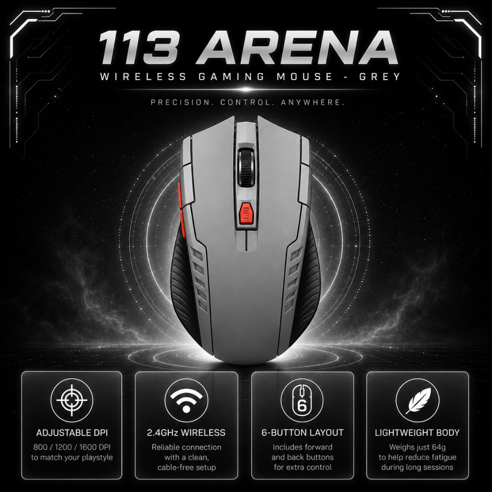 113 Arena 6-Button Wireless Gaming Mouse - Grey