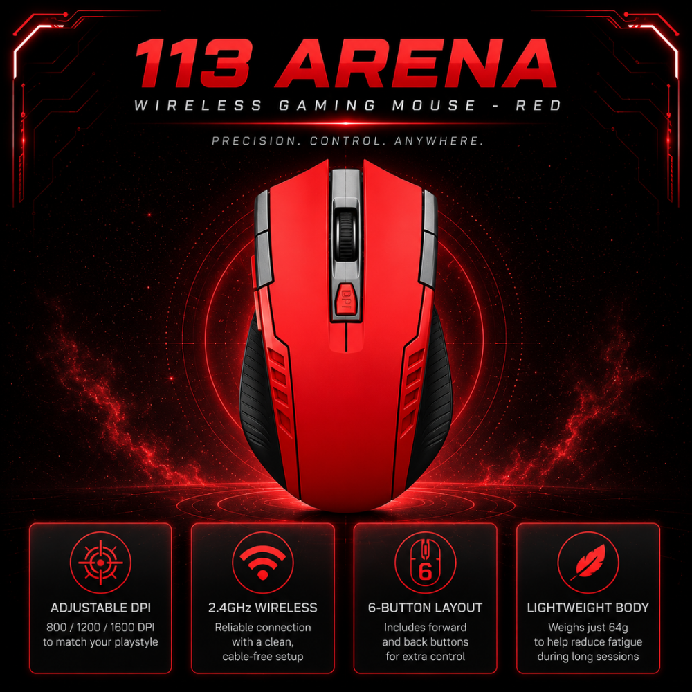 113 Arena 6-Button Wireless Gaming Mouse - Red