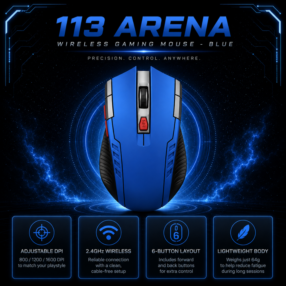 113 Arena 6-Button Wireless Gaming Mouse - Blue